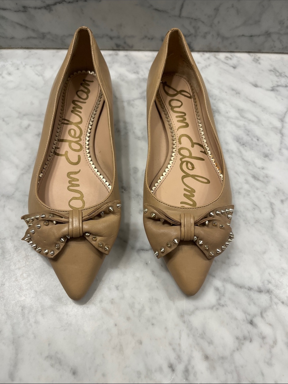 Sam Edelman Nude/Tan Pointed-Toe Bow Flats with Stud Detail